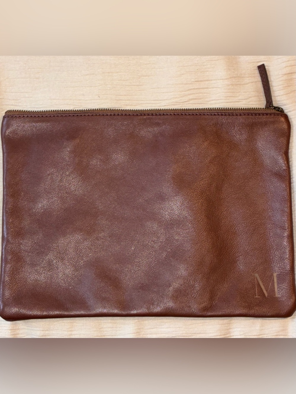 Mark & Graham 100% Leather Everyday Zip Pouch Clutch Chocolate Brown Monogram M